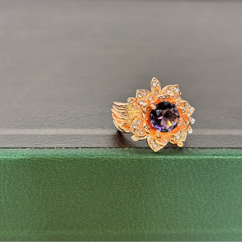 Elegant Sterling Silver Stamped S925 with  Rose Gold and Amethyst Floral Ring
